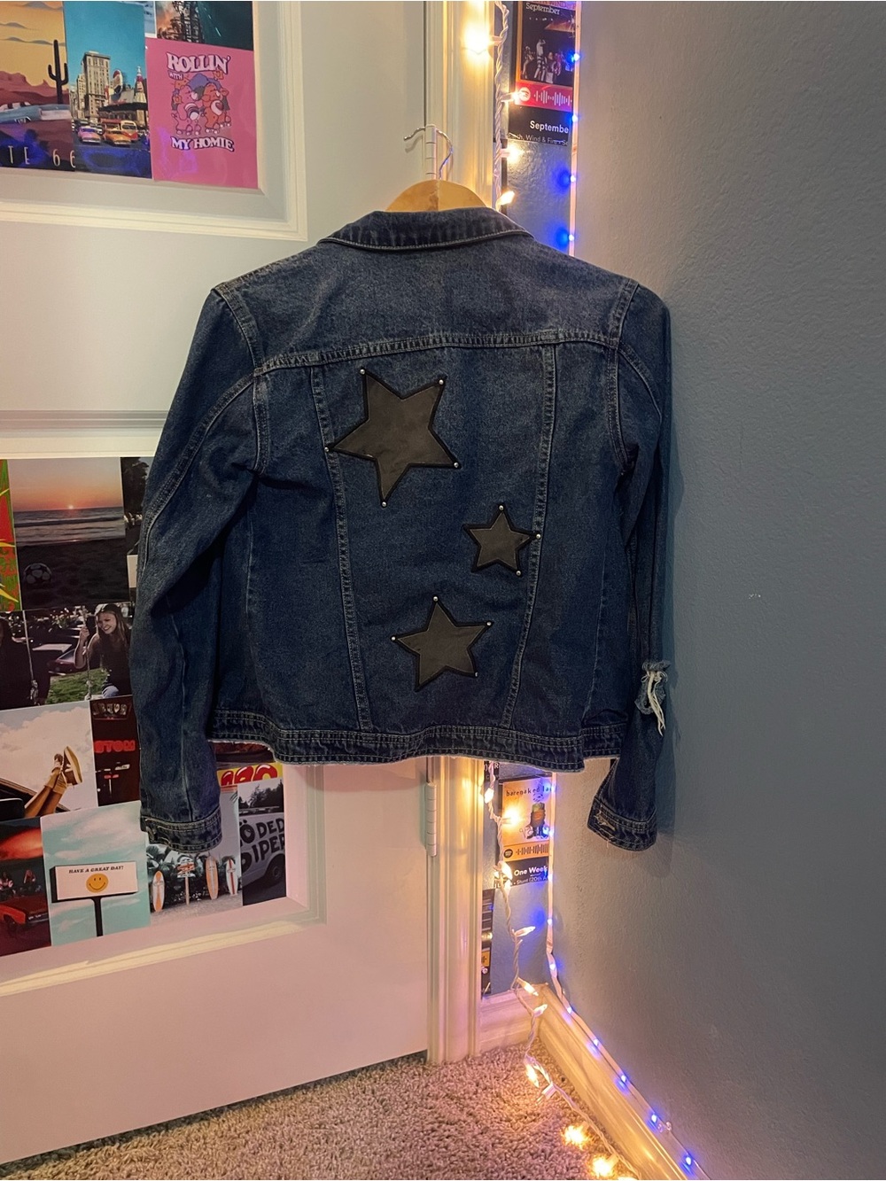 Dark Blue Denim Jacket with Embroidery Star Patches